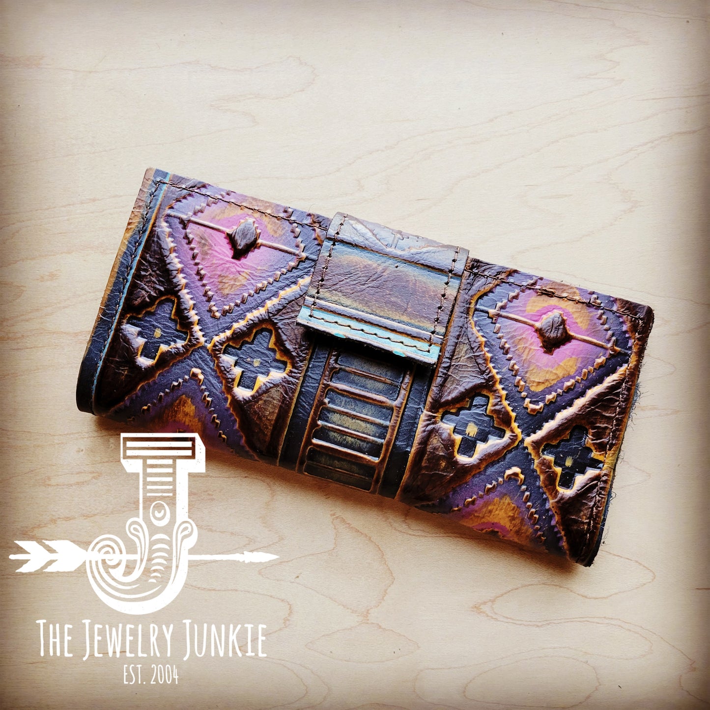 Embossed Leather Wallet in Magenta Navajo w/ Snap 304i