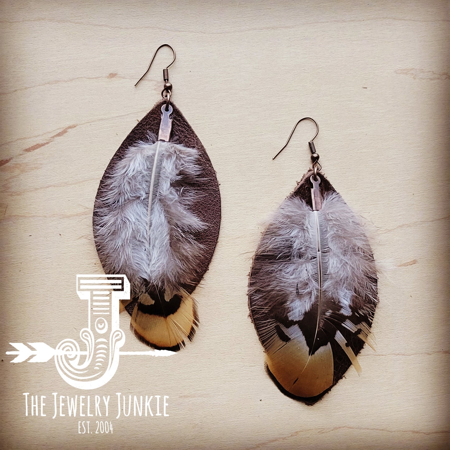 Western Leather Oval Earrings Brown with Yellow Feather 216p