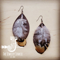 Western Leather Oval Earrings Brown with Yellow Feather 216p