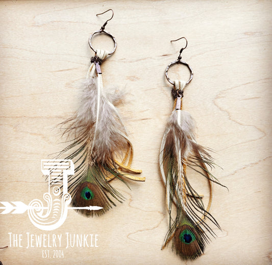 Bone Deer Skin Leather Tassel Earring Peacock Feather 219k