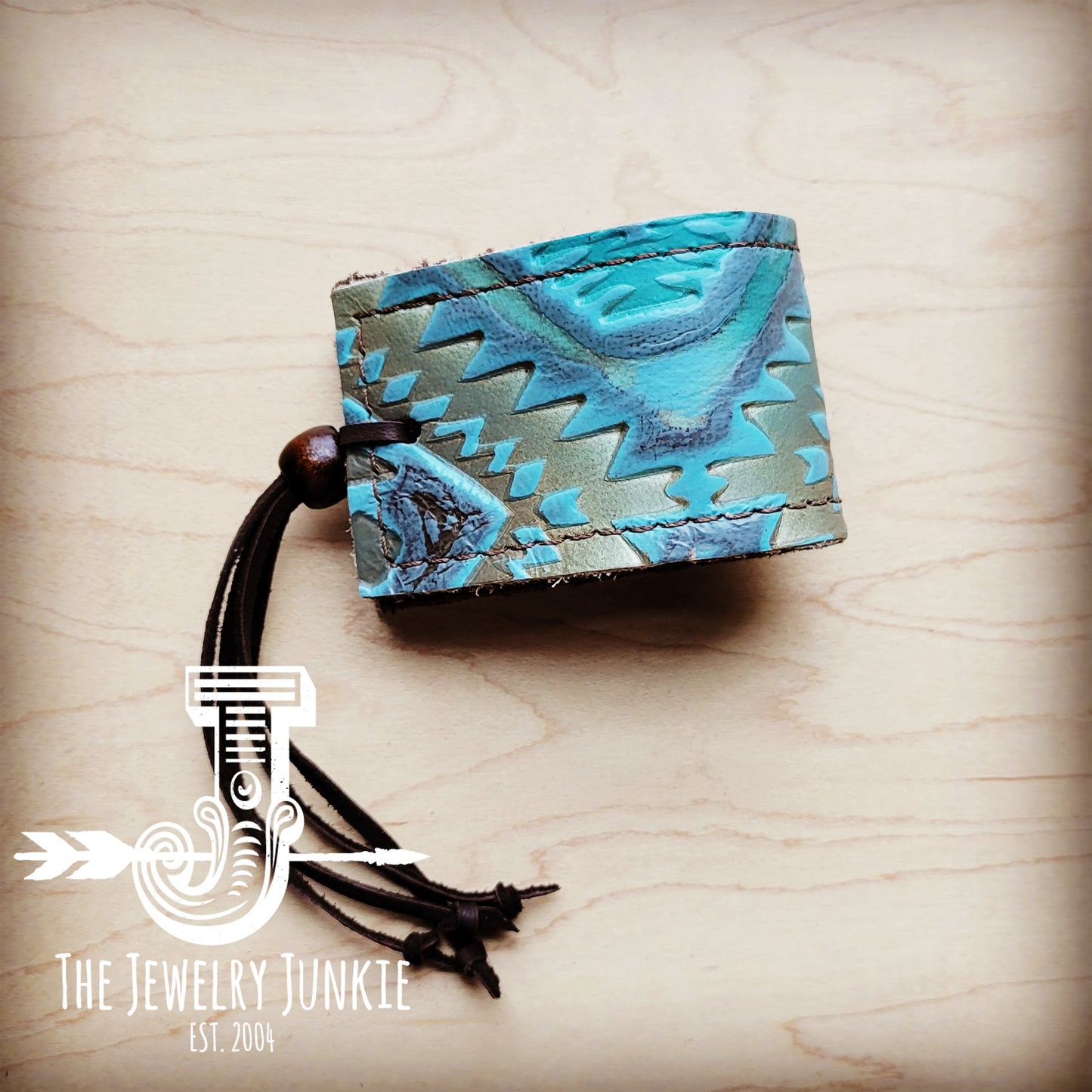 *Wide Leather Cuff w/ Adjustable Tie- Aztec Cyan 014a