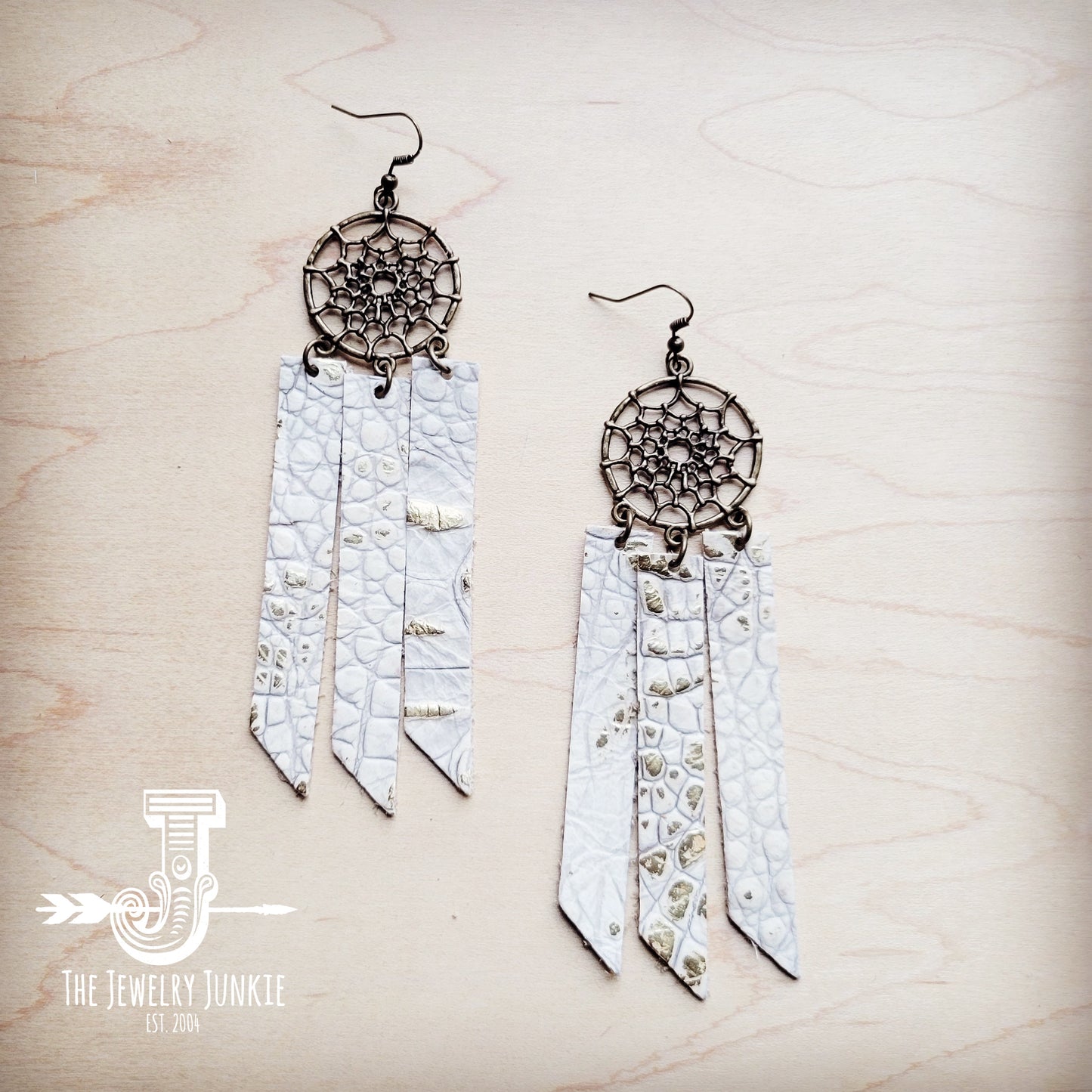 Dream Catcher Earrings w/ Leather Fringe Gold Gator 200af