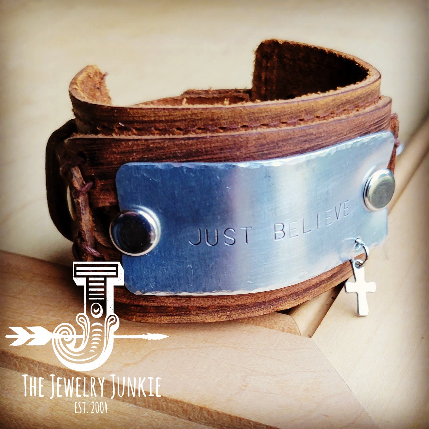 *Just Believe Handstamped Leather Cuff 013f