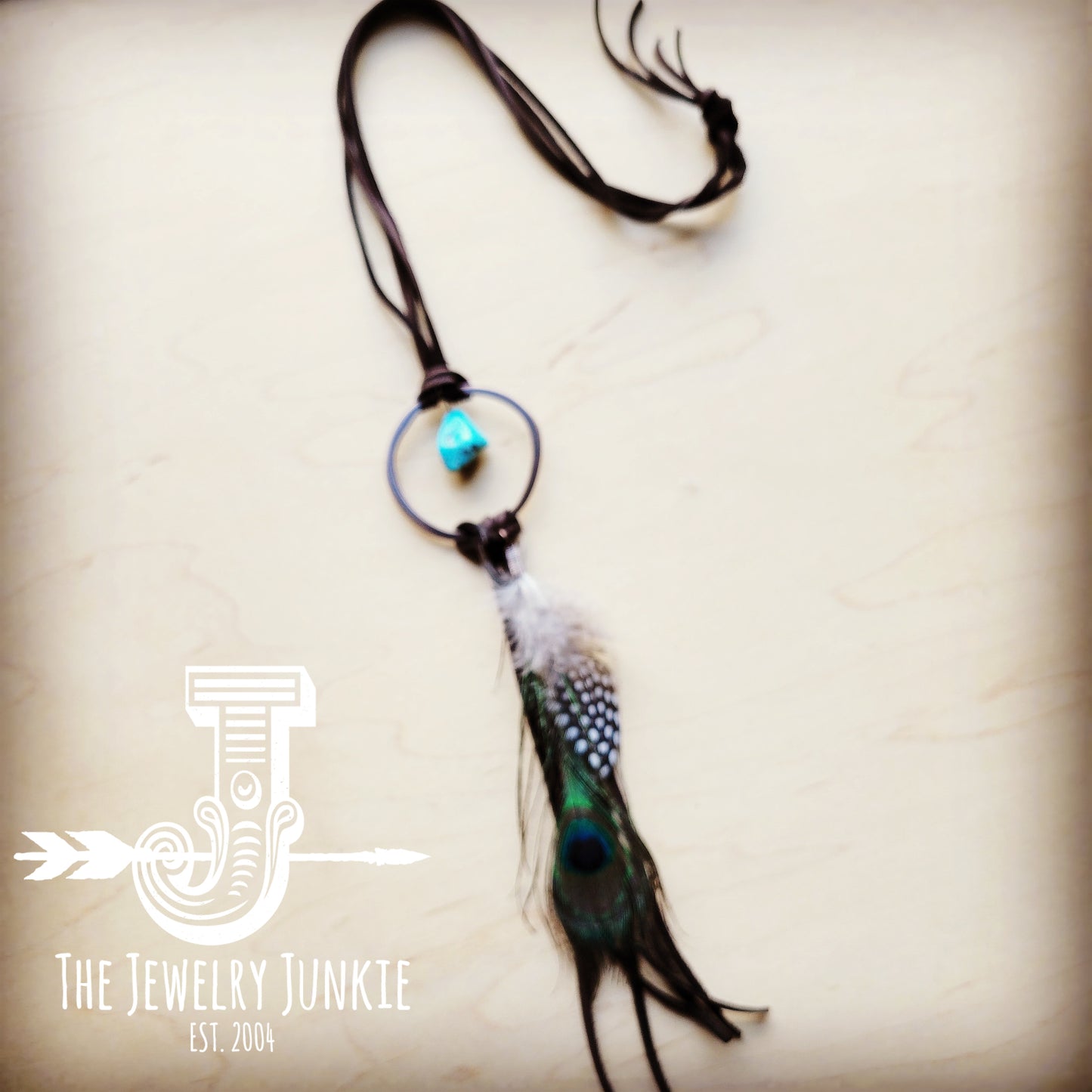 **Brown Boho Leather Necklace w/ Turquoise & Peacock Feathers 256w