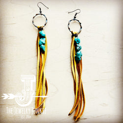 Leather Fringe Earrings with Turquoise Chunks Mustard 218o