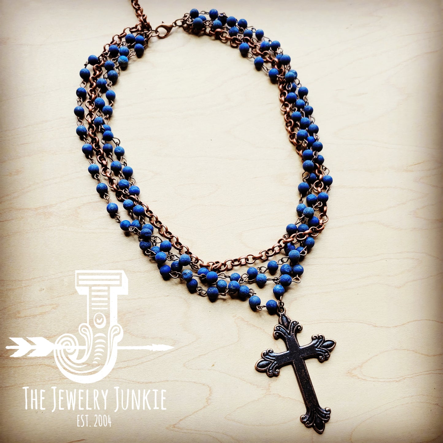 Blue Lapis Collar-Length Necklace with Copper Cross