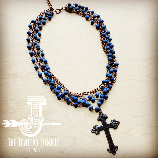 Blue Lapis Collar-Length Necklace with Copper Cross