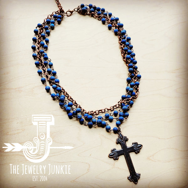 Blue Lapis Collar-Length Necklace with Copper Cross 255v