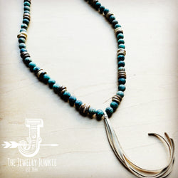 Frosted African Turquoise Necklace w/ Wood Beads & Leather Tassel 257z