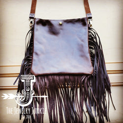MEDIUM Crossbody Handbag Dark Brown Salt & Pepper Leather w/ Fringe 512w