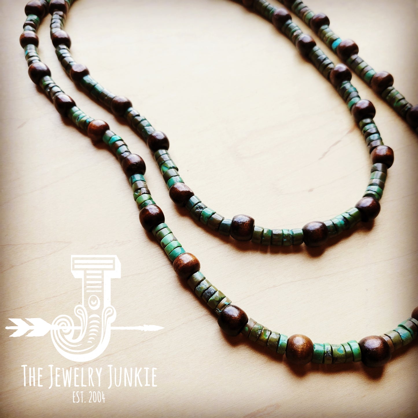 *Natural Turquoise and Wood Double Strand Necklace 256q
