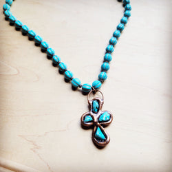 Blue Turquoise Melon Beaded Necklace w/ Copper Cross 260g