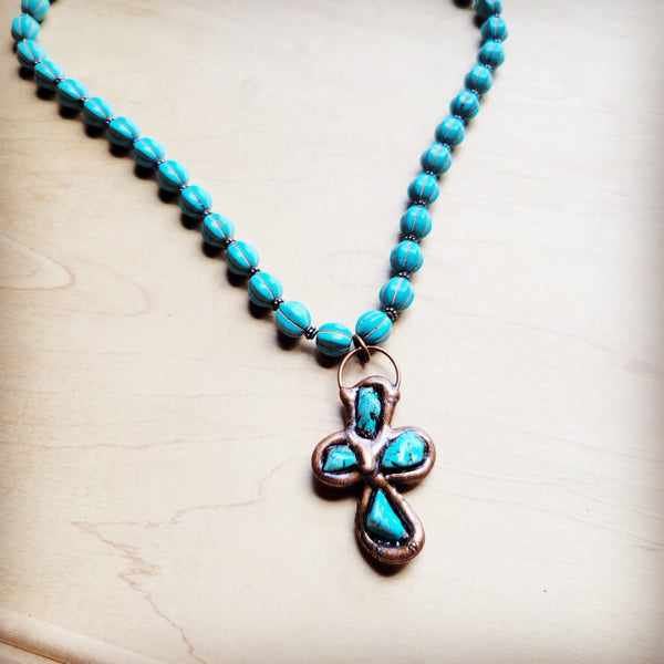 Blue Turquoise Melon Beaded Necklace w/ Copper Cross 260g