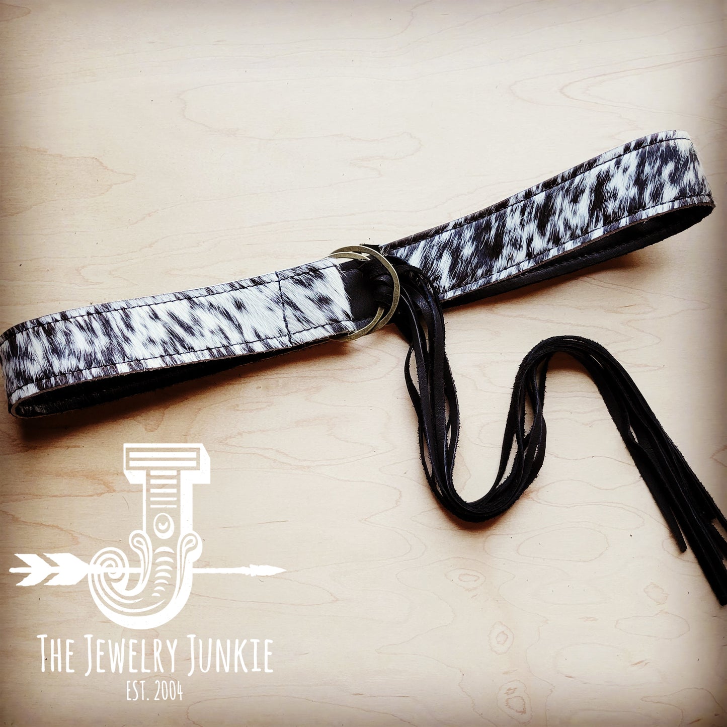 Black & White Hide Leather Belt with Leather Fringe Closure 904z