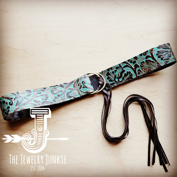 Turquoise Cowboy Leather Belt with Leather Fringe Closure 905c