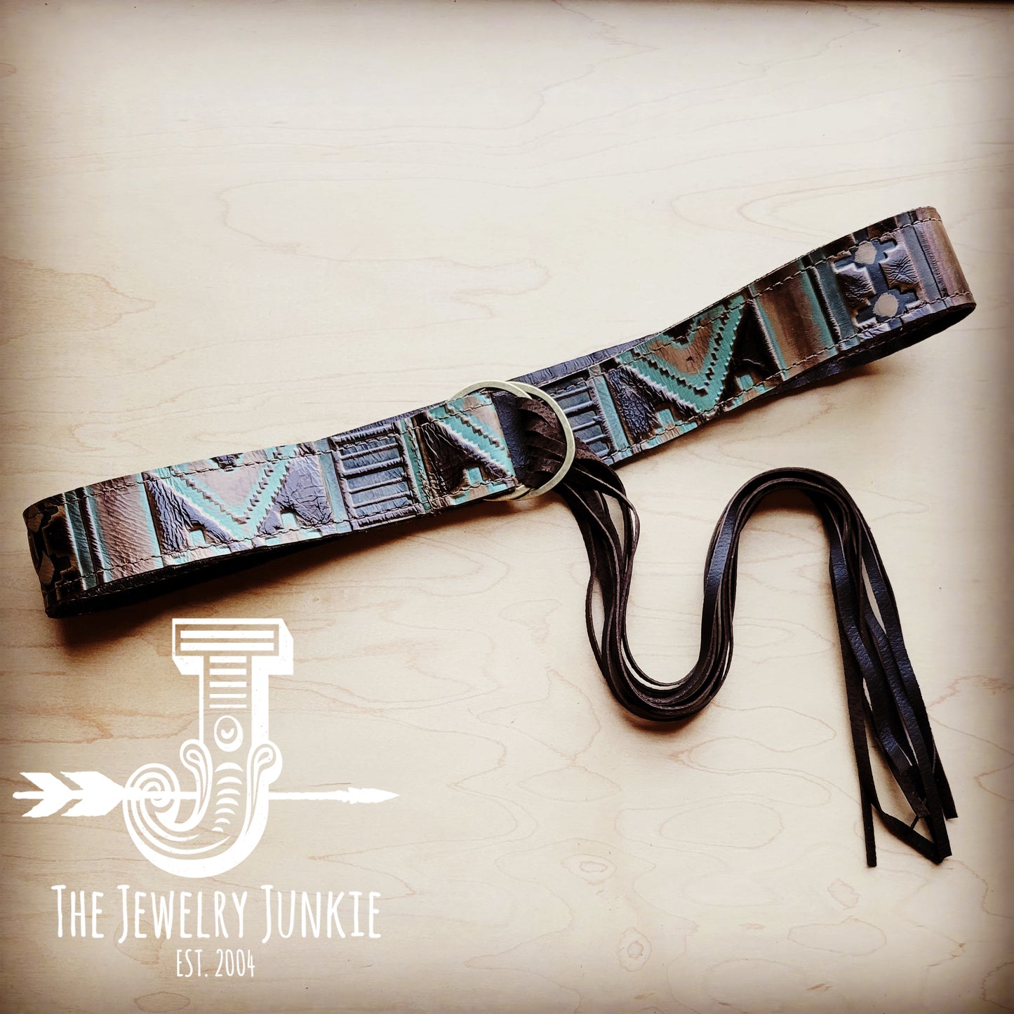 Turquoise Navajo Leather Belt with Leather Fringe Closure 905d