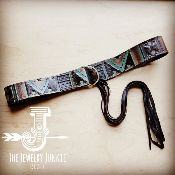 Turquoise Navajo Leather Belt with Leather Fringe Closure 905d