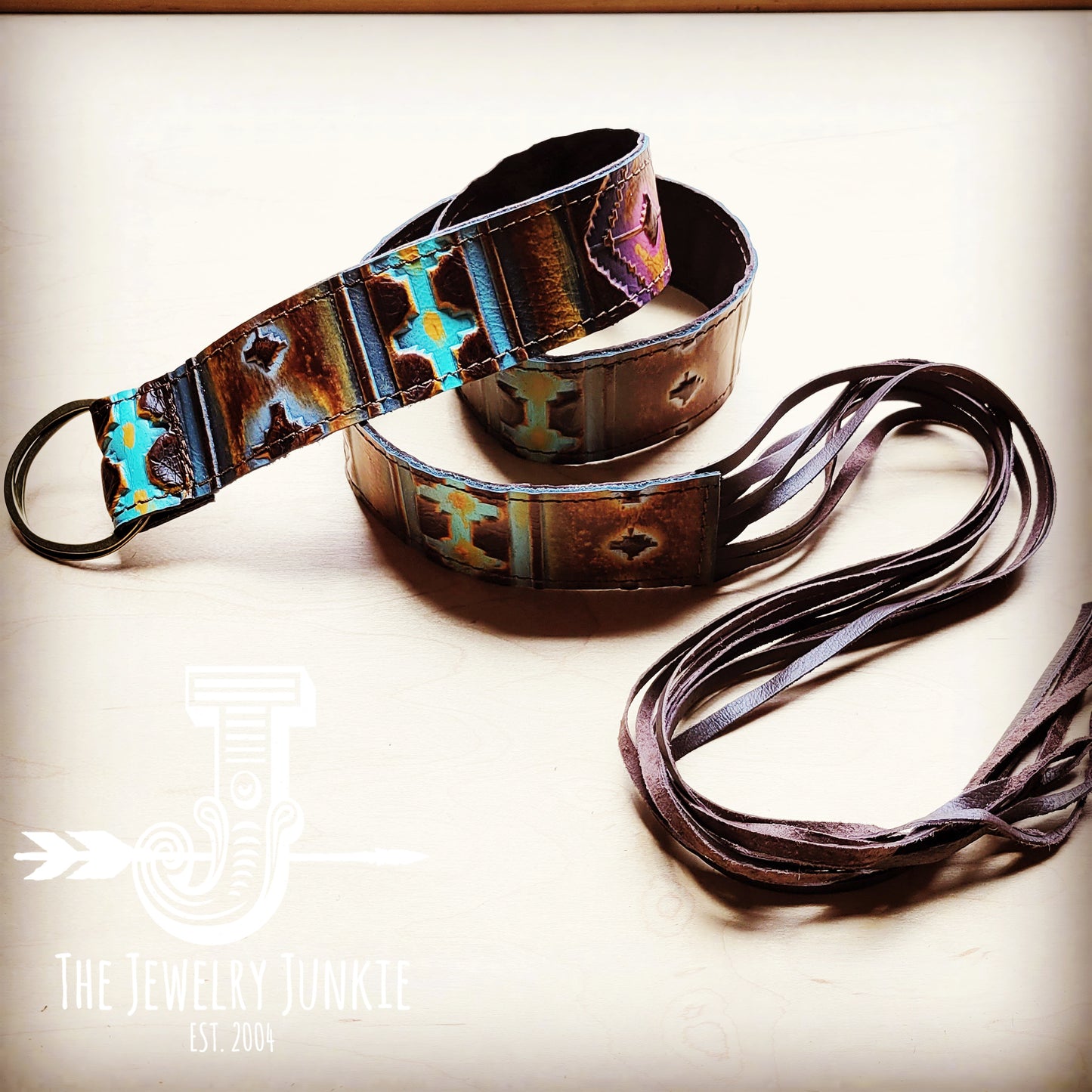 Blue Navajo Leather Belt with Leather Fringe Closure 905k