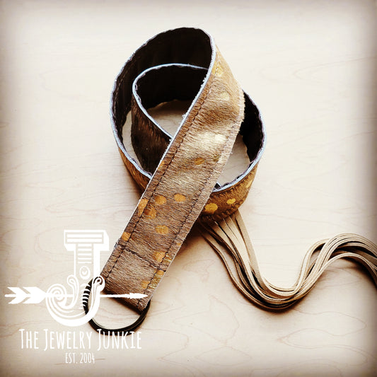 Tan Metallic Hide Leather Belt with Leather Fringe Closure 905m