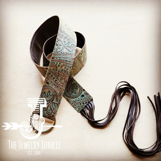 Turquoise Brown Paisley Leather Belt with Leather Fringe Closure 905t