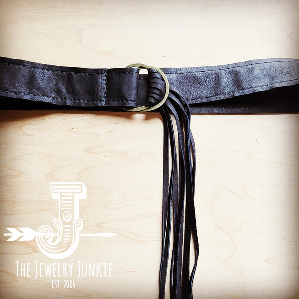 Black Leather Belt with Leather Fringe Closure 905u