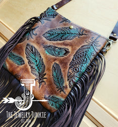 *MEDIUM Crossbody Handbag w/ Turquoise Feather Leather Full Fringe 511e