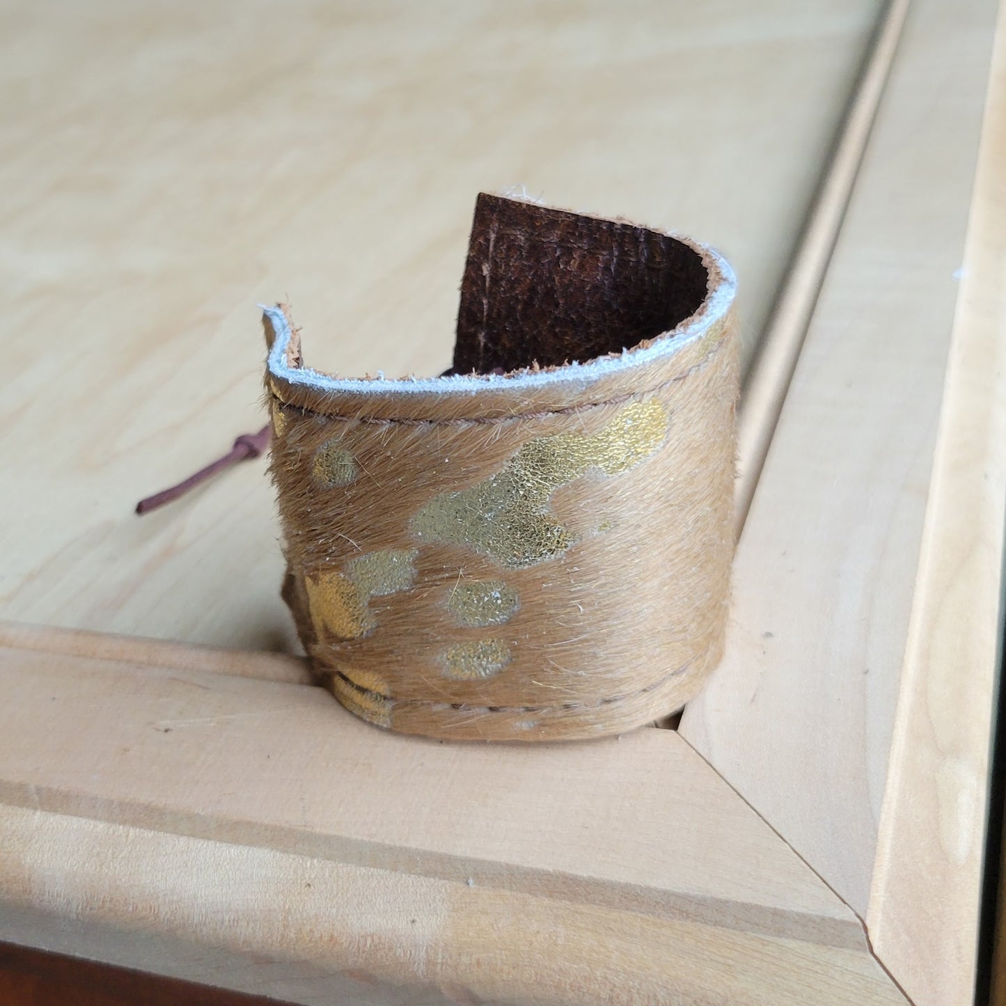 **Wide Leather Cuff w/ Adjustable Tie-Tan Metallic 001og