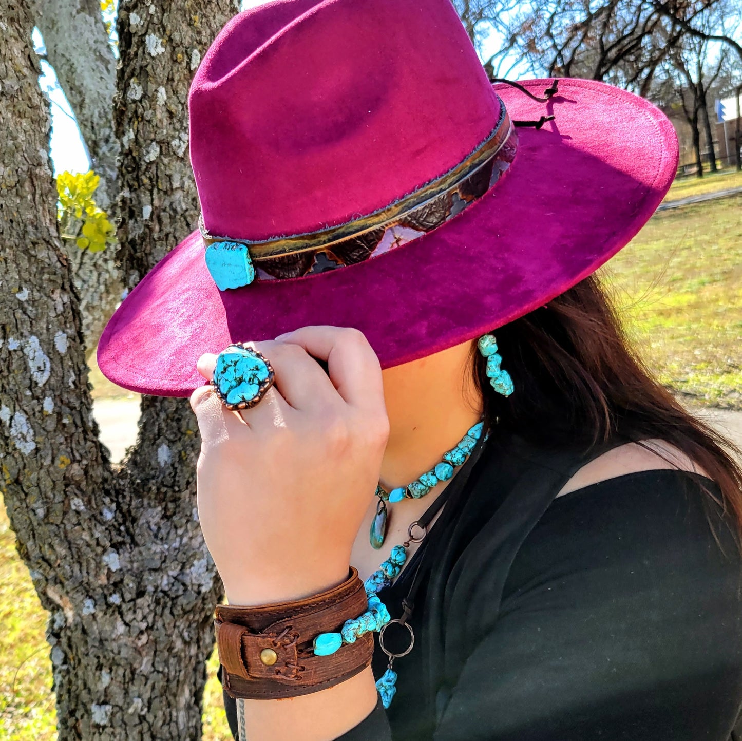 Magenta Navajo Turquoise Slab Leather Band + Choice of Boho Hat 985o