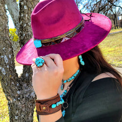 Magenta Navajo Turquoise Slab Leather Band + Choice of Boho Hat 985o