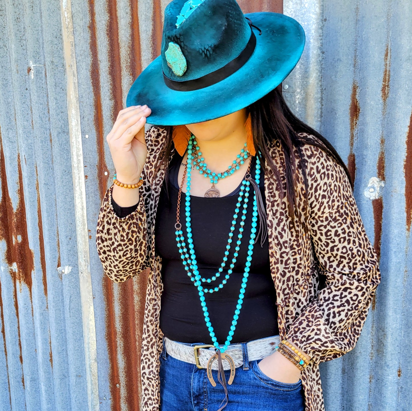 Blue Turquoise Collar-Length Necklace w/ Indian Buffalo Coin 114E