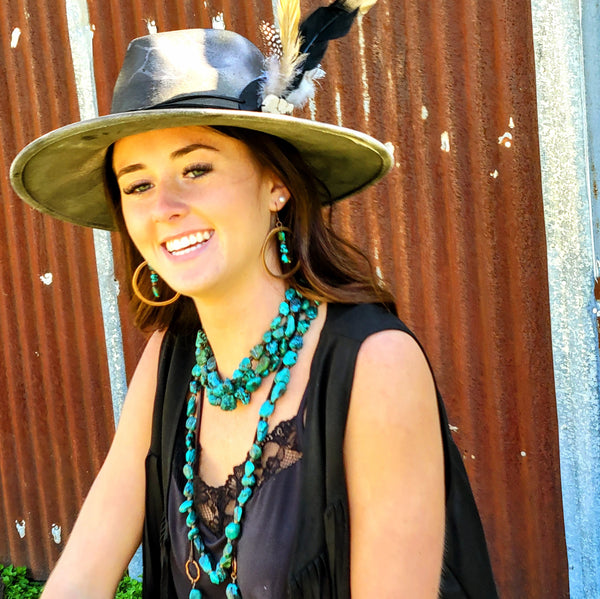 Genuine Long Natural Turquoise and Wood Layering Necklace 250w