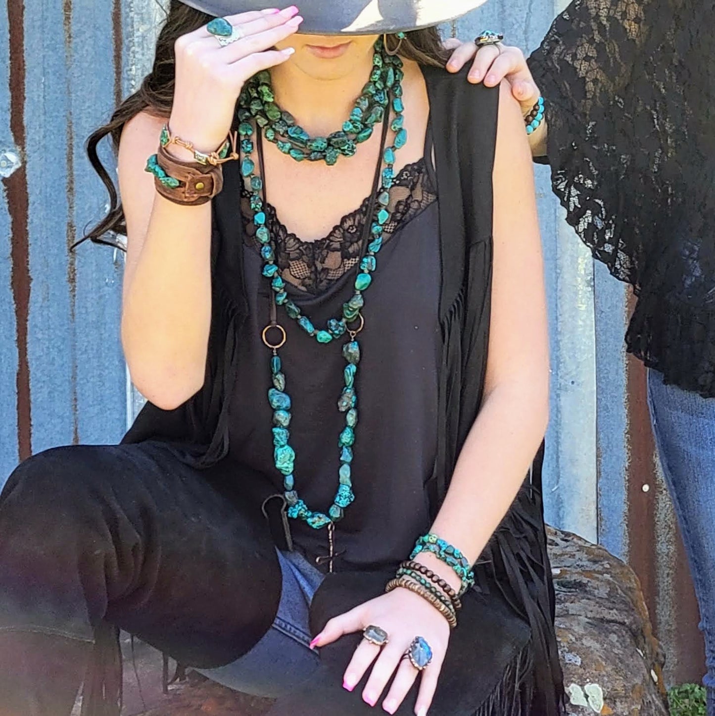 Genuine Long Natural Turquoise and Wood Layering Necklace 250w