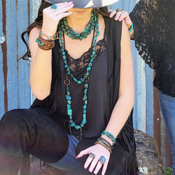 Genuine Long Natural Turquoise and Wood Layering Necklace 250w
