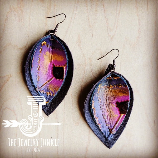 Leather Double Stacked Earrings-Magenta Navajo 215t