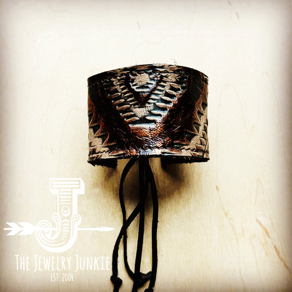 Wide Leather Cuff w/ Adjustable Tie-Copper Aztec 007b