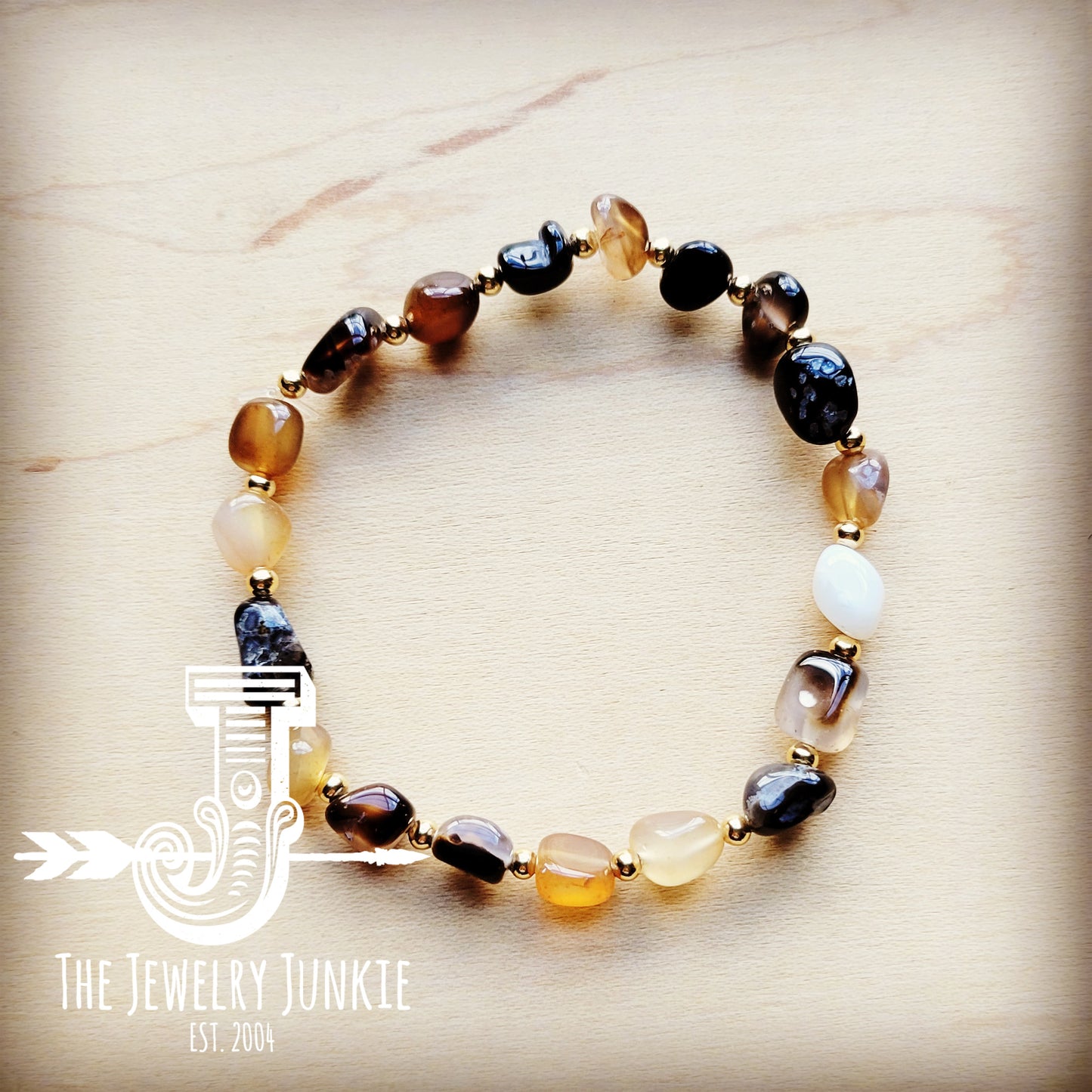 *Genuine Natural Black Agate and Gold Stretch Bracelet 807pp