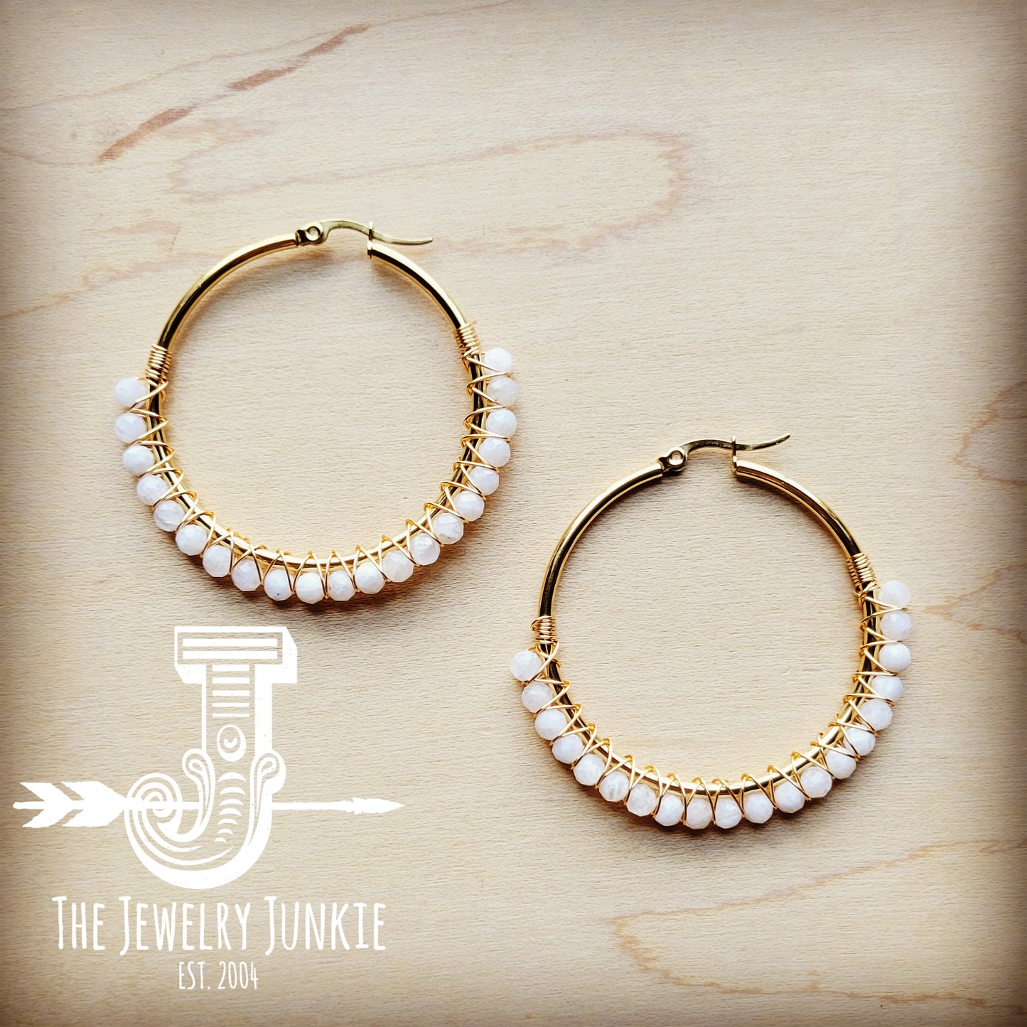 **Woven Moonstone Beaded Hoop Earrings 217k