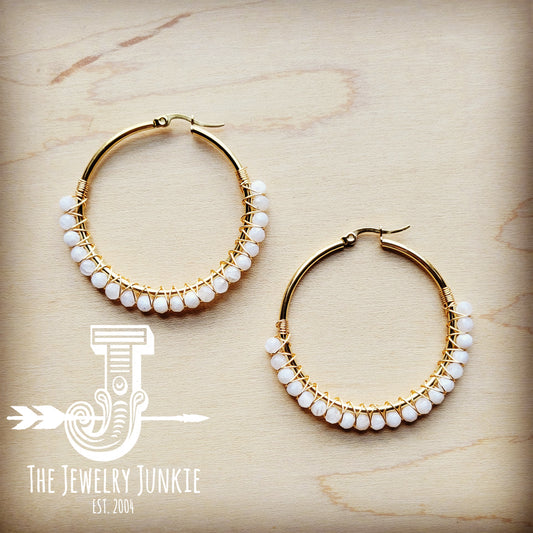 Woven Moonstone Beaded Hoop Earrings 217k