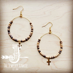 *Beaded Hoop Earrings- Light Wood w/ Cross Dangle 215g