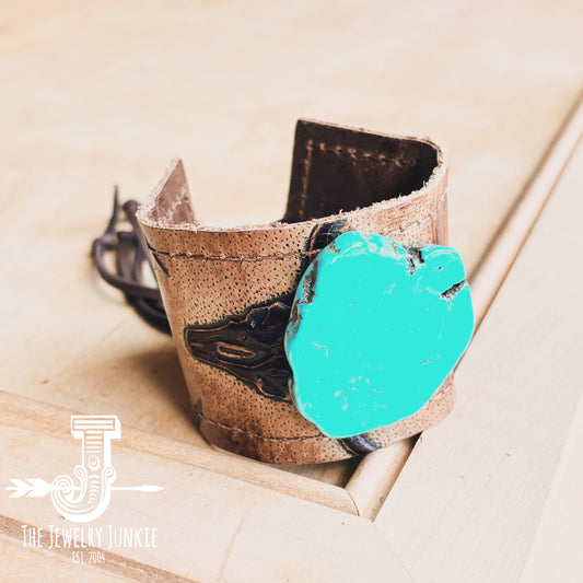 Wide Tan Steer Leather Cuff w/ Turquoise Slab 009b