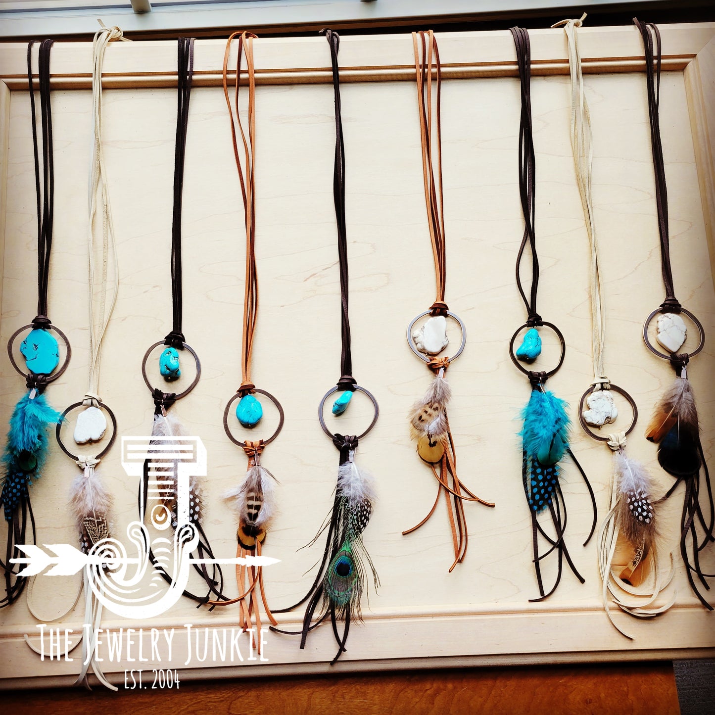 **Brown Boho Leather Necklace w/ Turquoise & Turquoise Feathers 256u
