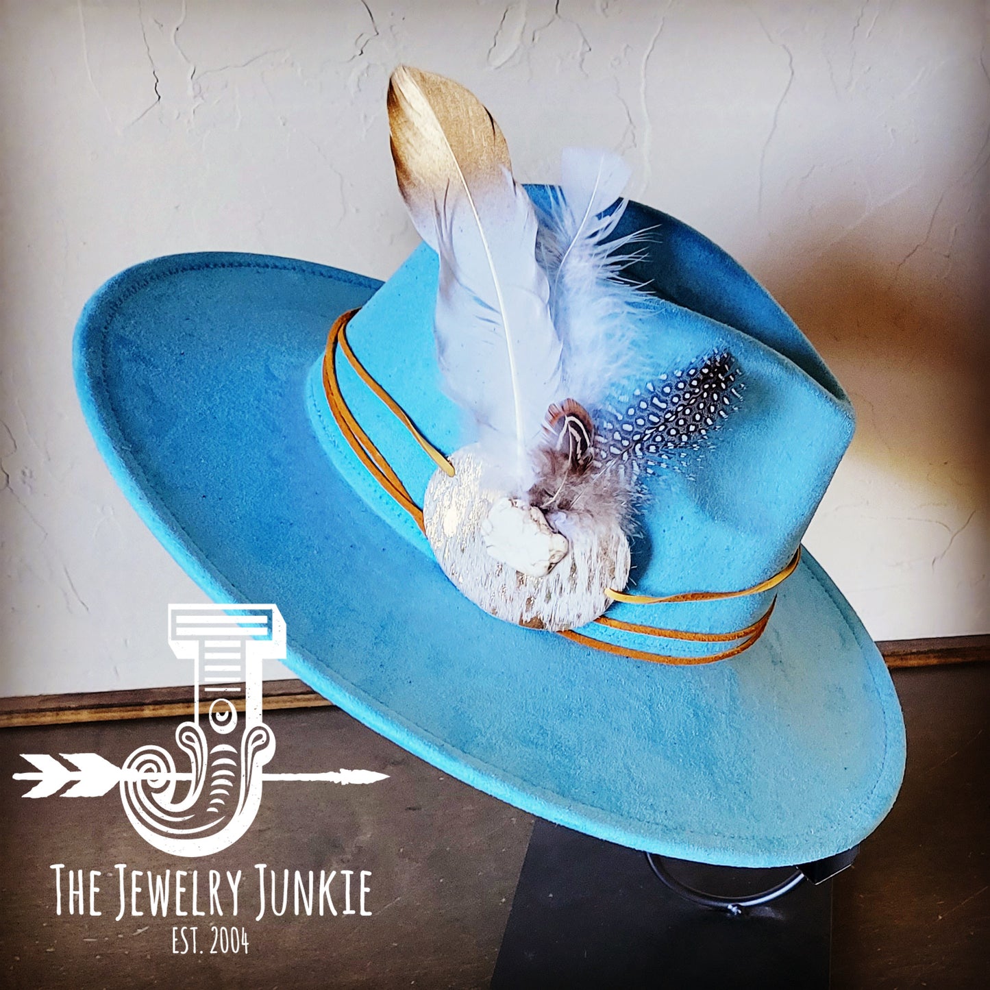 Boho Western Hat w/ Choice of Feather Hat Band-Baby Blue 982h