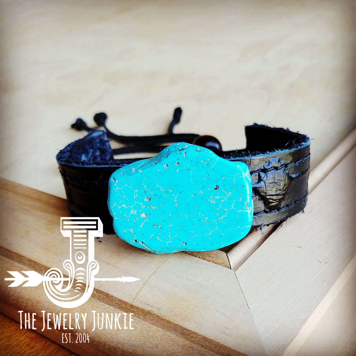 *Narrow Leather Cuff w/ Turquoise Slab-Black Navajo 014v