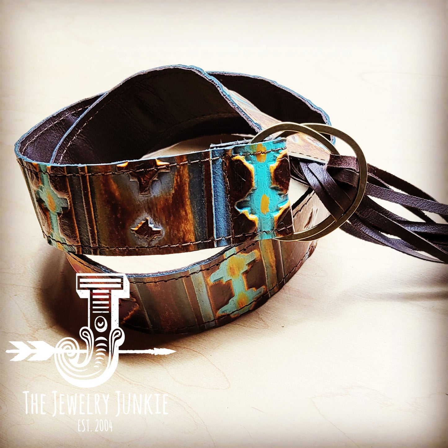 Blue Navajo Leather Belt with Leather Fringe Closure 905k