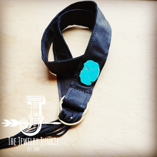 Black Leather Belt & Turquoise Slab with Leather Fringe Closure 905r