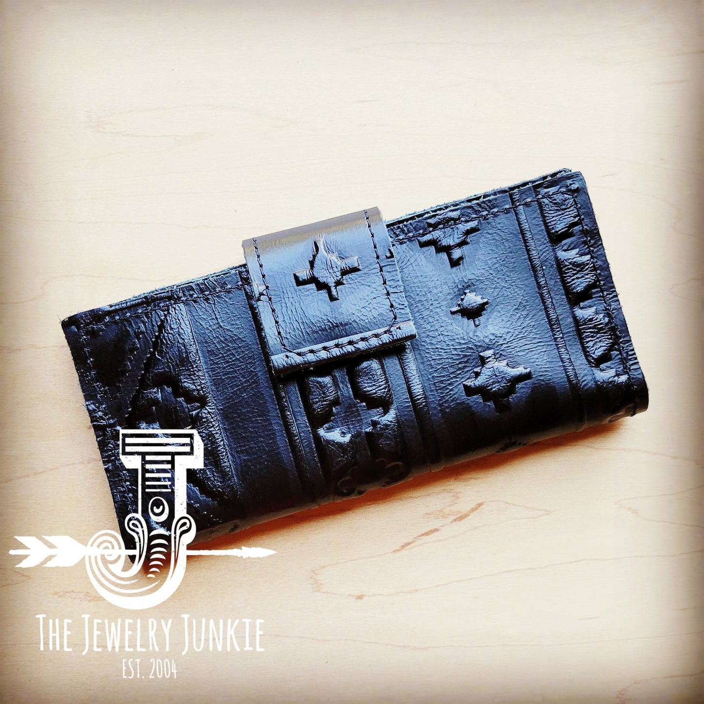 *Embossed Leather Wallet in Black Navajo w/ Snap 304m