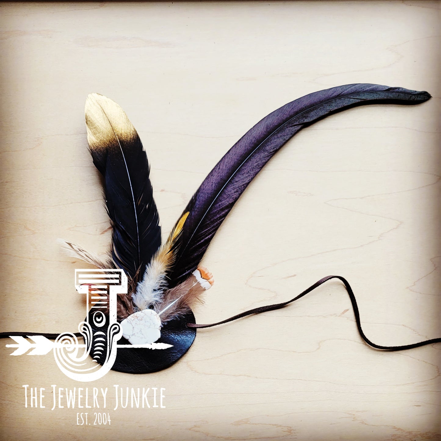 Black/Gold Feather, White Stone & Black Leather Hat Band