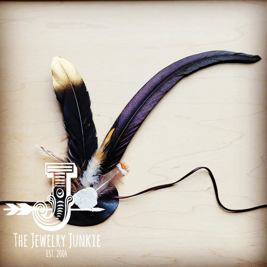 Black/Gold Feather, White Stone & Black Leather Hat Band