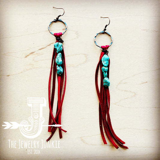 Leather Fringe Earrings with Turquoise Chunks Red 218s