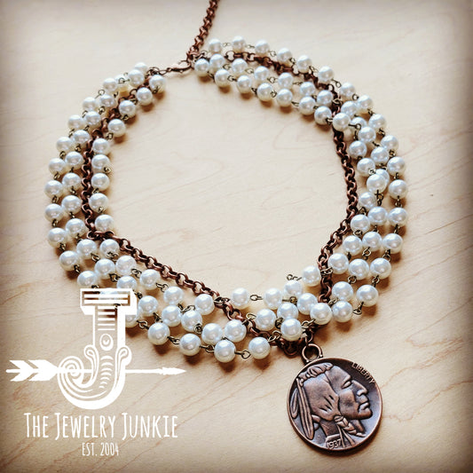 Pearl and Antique Copper Collar-Length Necklace with Indian Coin 255w